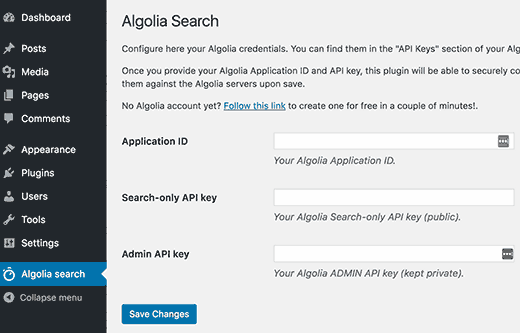 صفحه تنظیم پلاگین algolia در وردپرس
